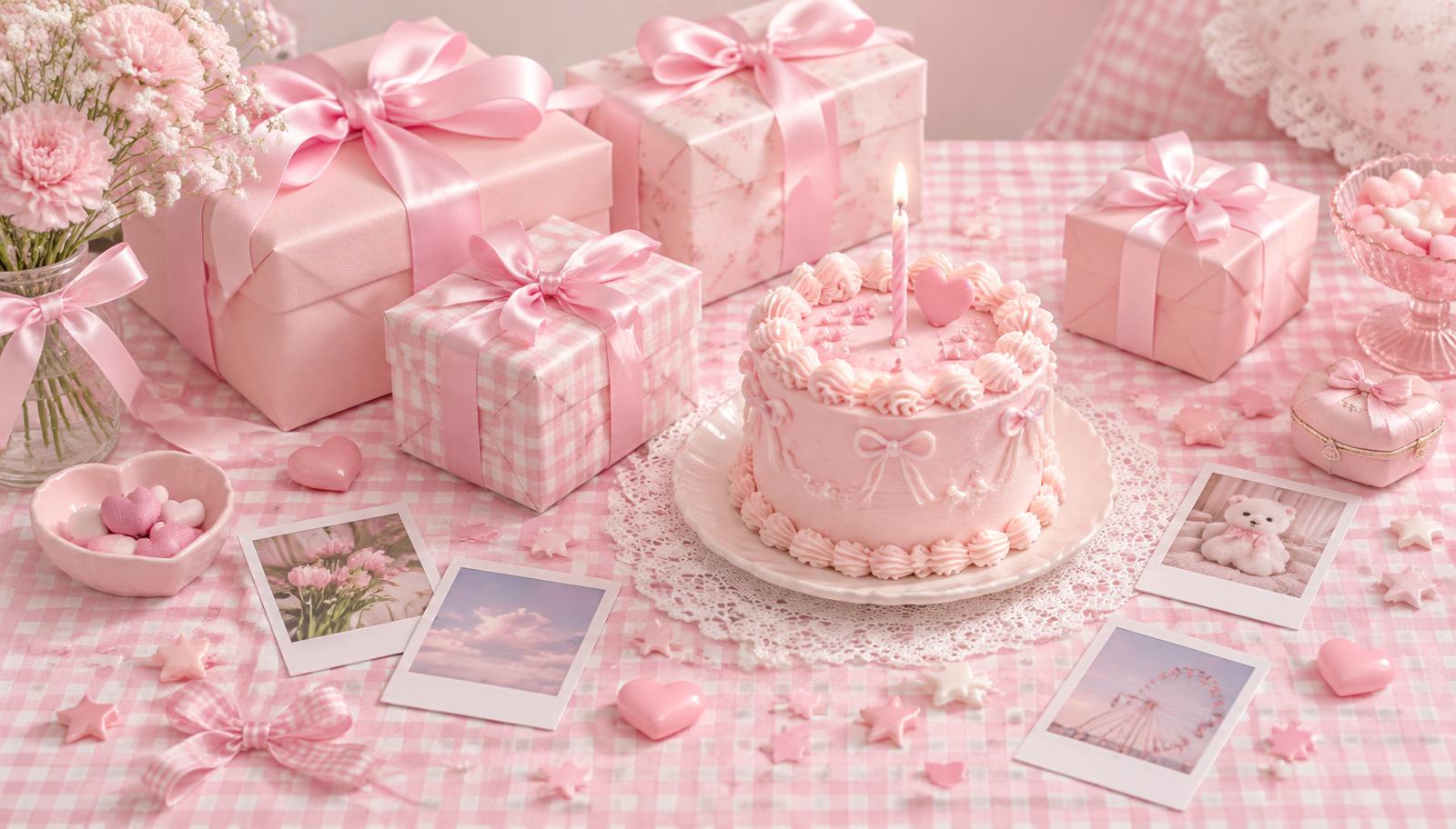 Pink gift boxes with ribbons, a birthday cake, and polaroids on a pink gingham table
